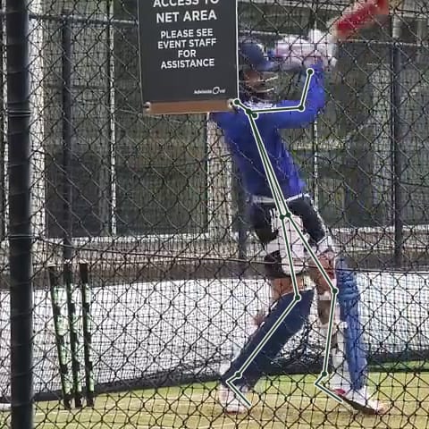 Follow-through phase with skeletal pose extraction overlay
