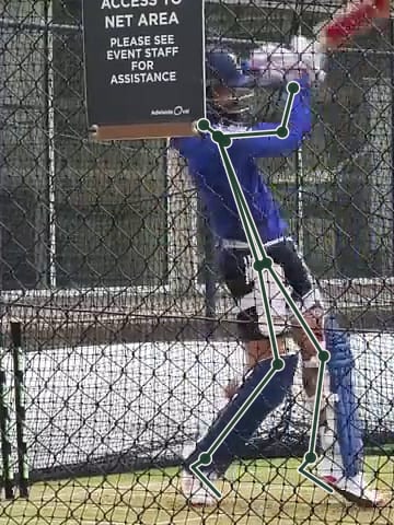 A batter at the follow-through of a pull shot with BatSwing skeletal pose extraction overlaid on the source frame
